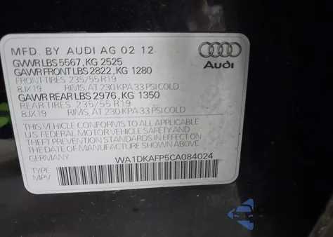 2012 Audi Q5 3.2 Premium Plus z USA, uszkodzony, nr VIN WA1DKAFP5CA084024